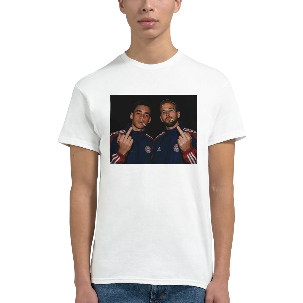 White T-shirt with front player graphic, model wearing