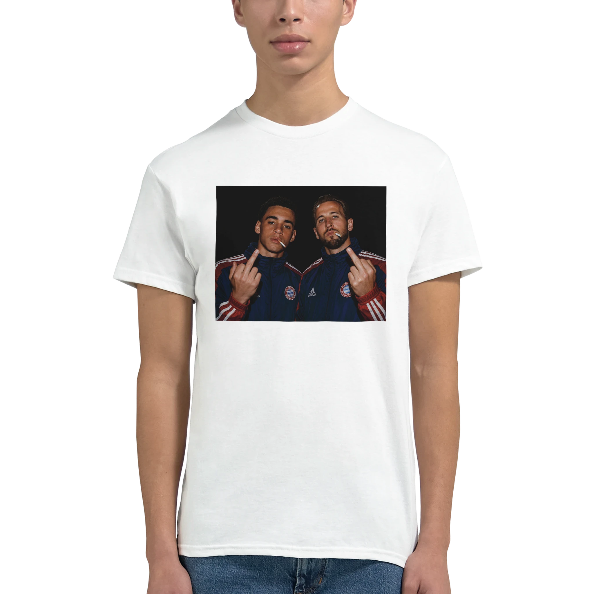 White T-shirt with front player graphic, model wearing
