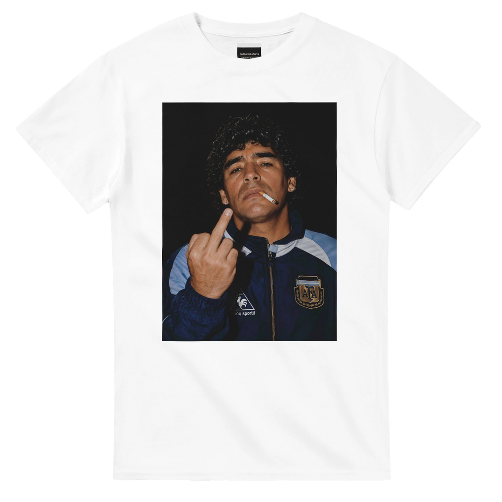 White crewneck football tee with portrait graphic and hand gesture on front