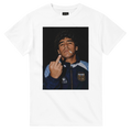 White crewneck football tee with portrait graphic and hand gesture on front