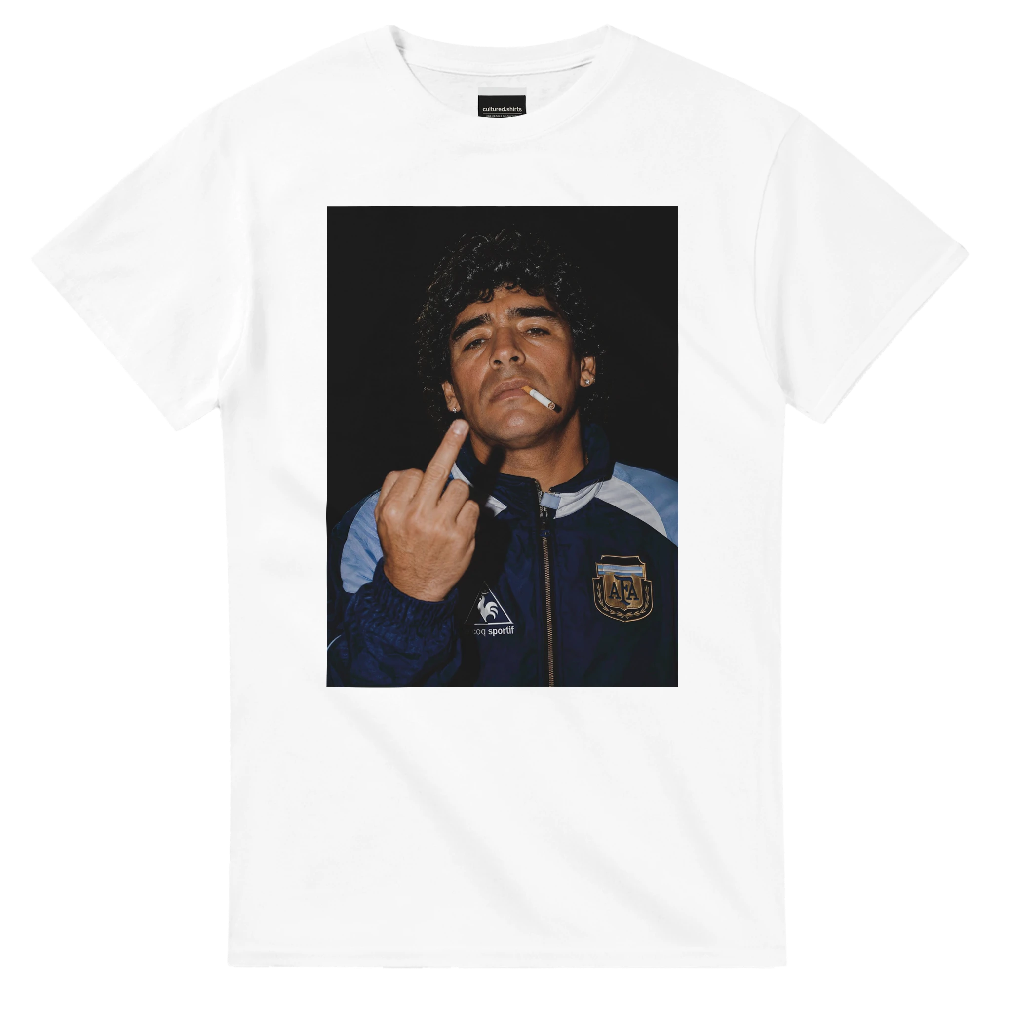 White crewneck football tee with portrait graphic and hand gesture on front