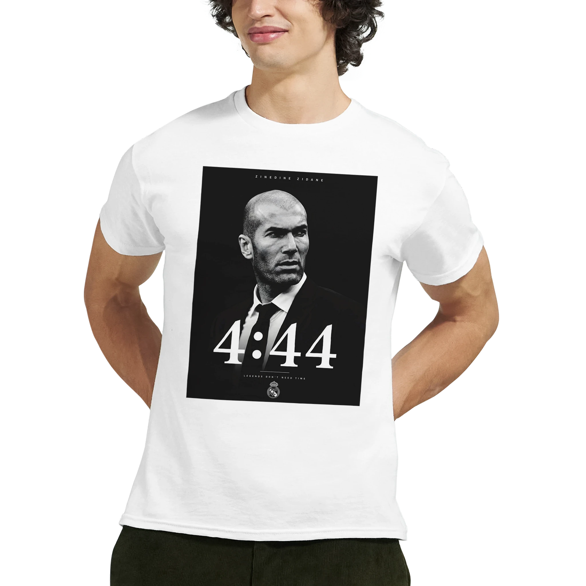 White Zinedine Zidane T-shirt worn by model with centered '4:44' portrait graphic