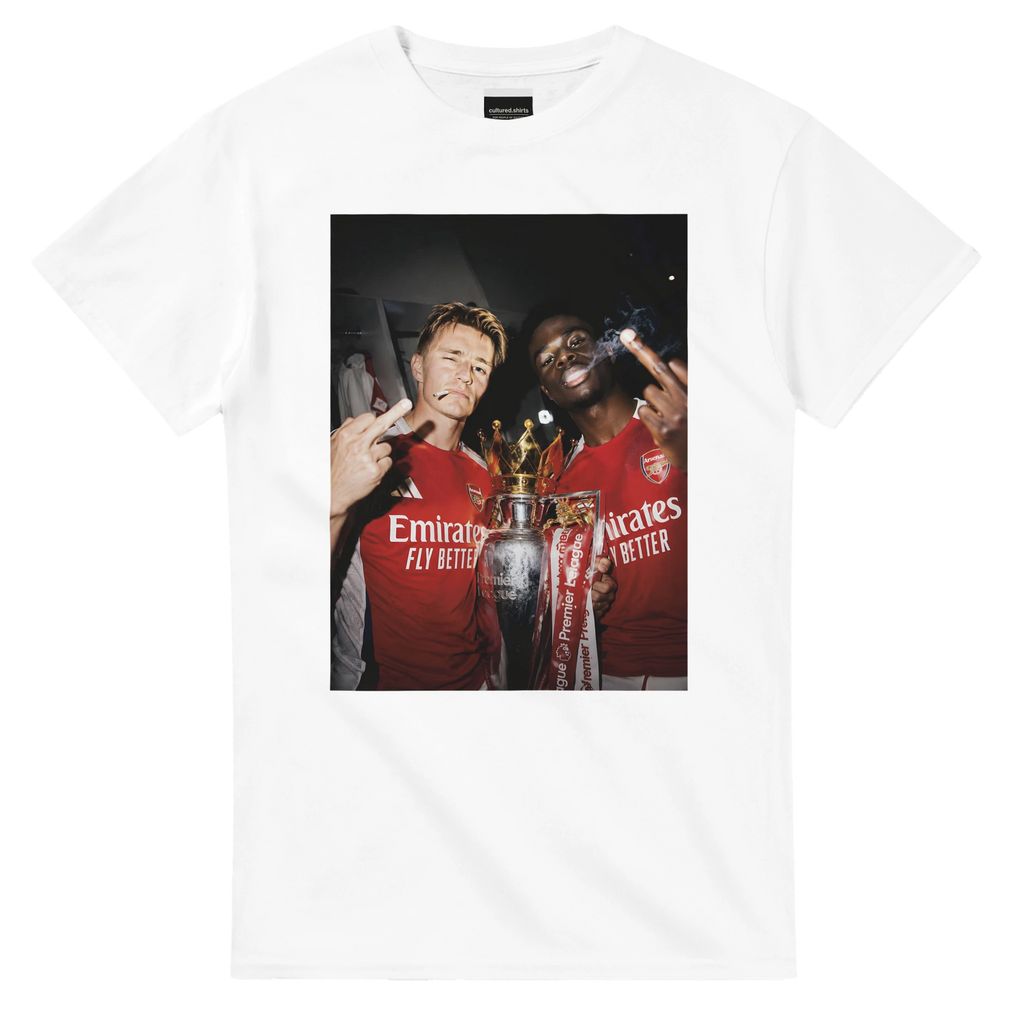 White T-shirt with front square photo graphic and trophy print
