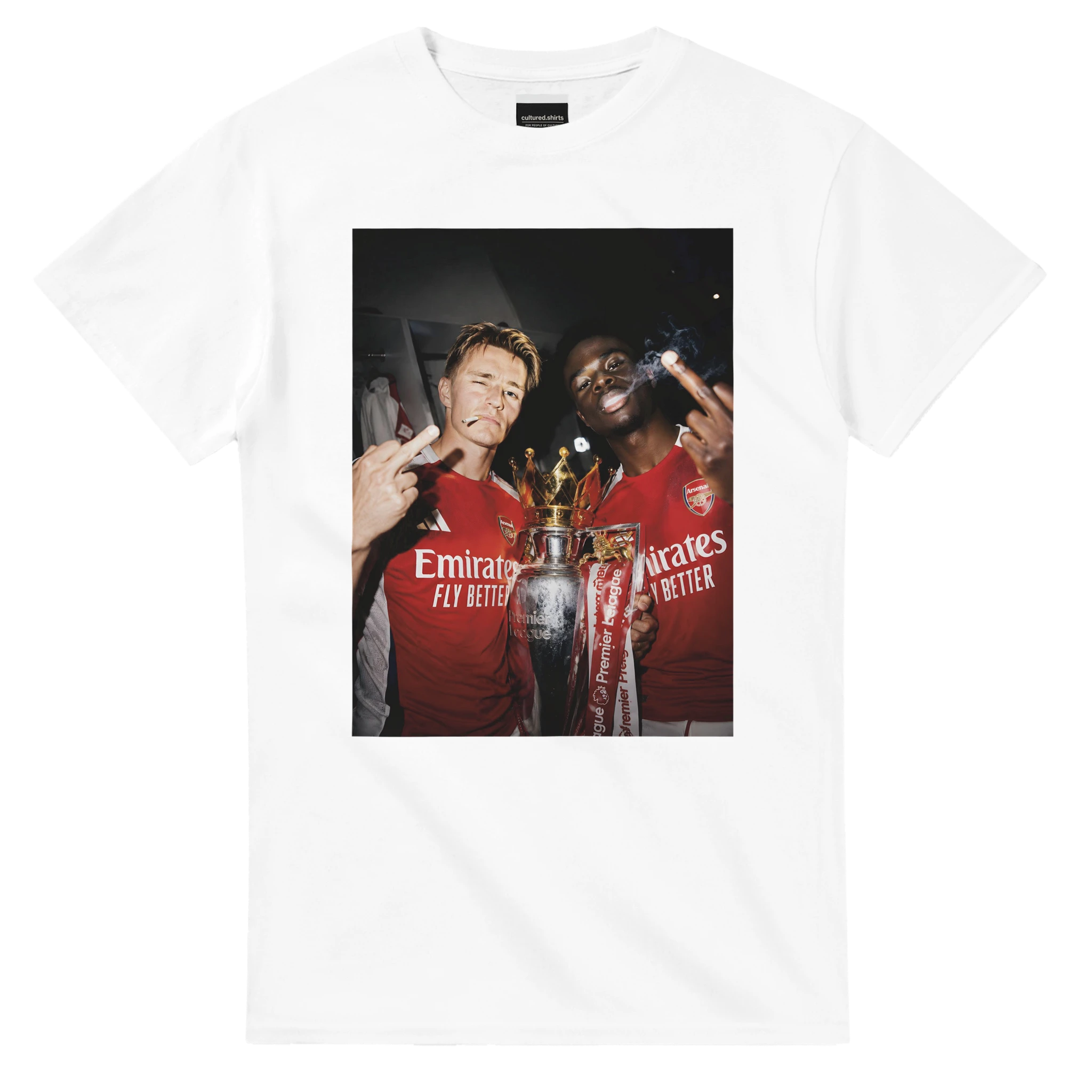 White T-shirt with front square photo graphic and trophy print