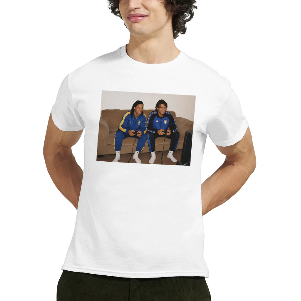White crew-neck T-shirt with rectangular photo-style player graphic on the chest.