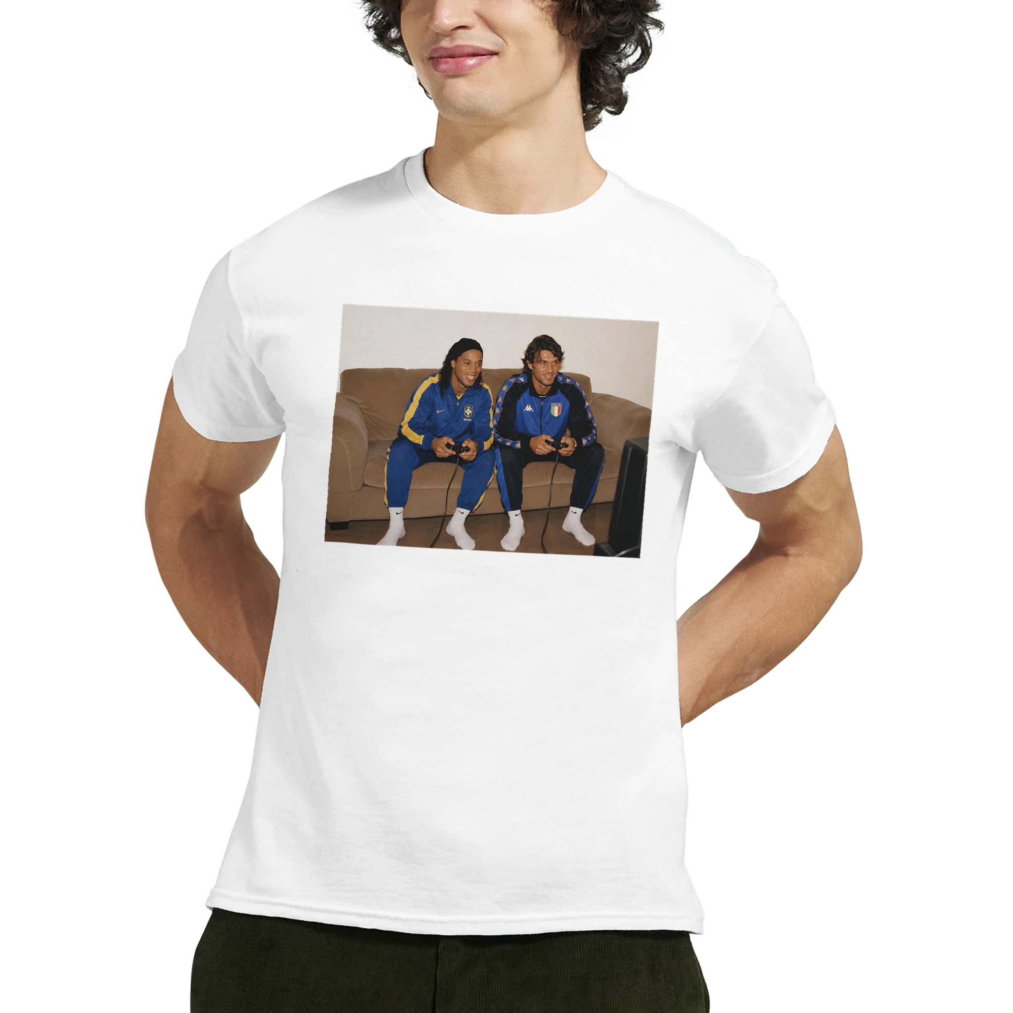 White crew-neck T-shirt with rectangular photo-style player graphic on the chest.