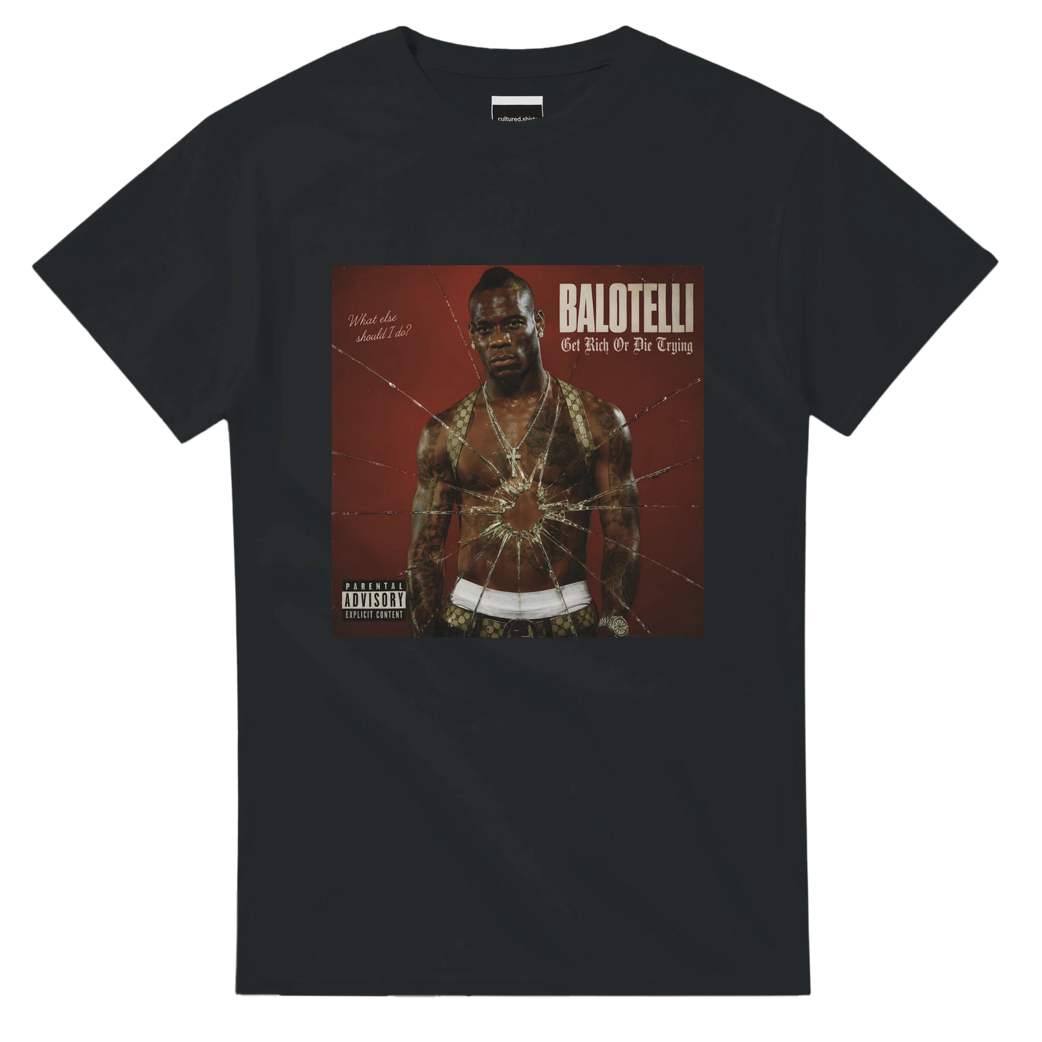 Black graphic T-shirt with Balotelli portrait and red album-style cover print