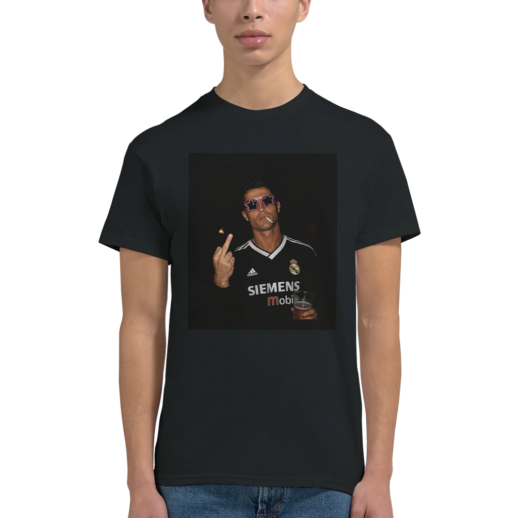 Black cotton T-shirt front view with portrait graphic and 'SIEMENS' logo