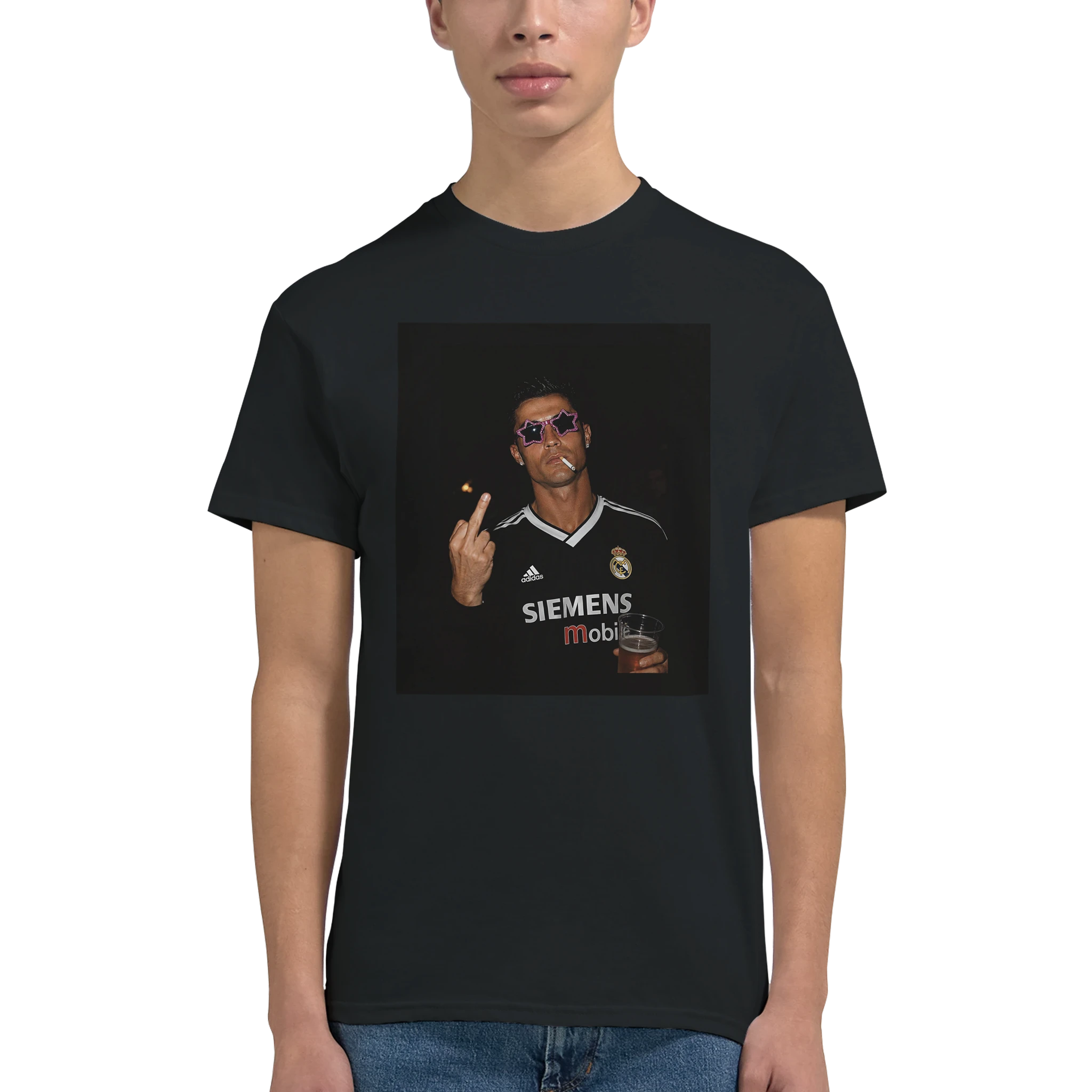 Black cotton T-shirt front view with portrait graphic and 'SIEMENS' logo