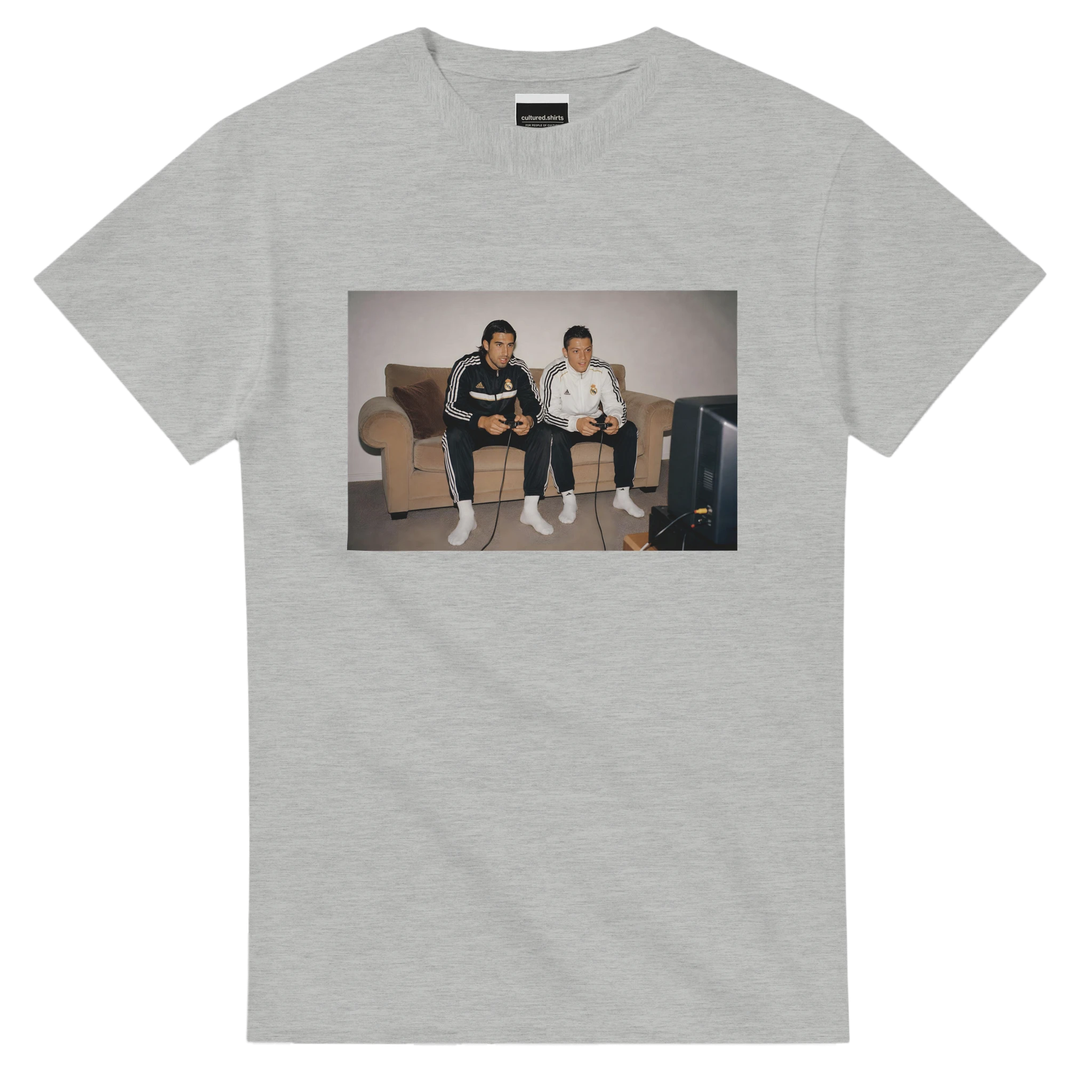 Gray T-shirt with front rectangular photo print of two men