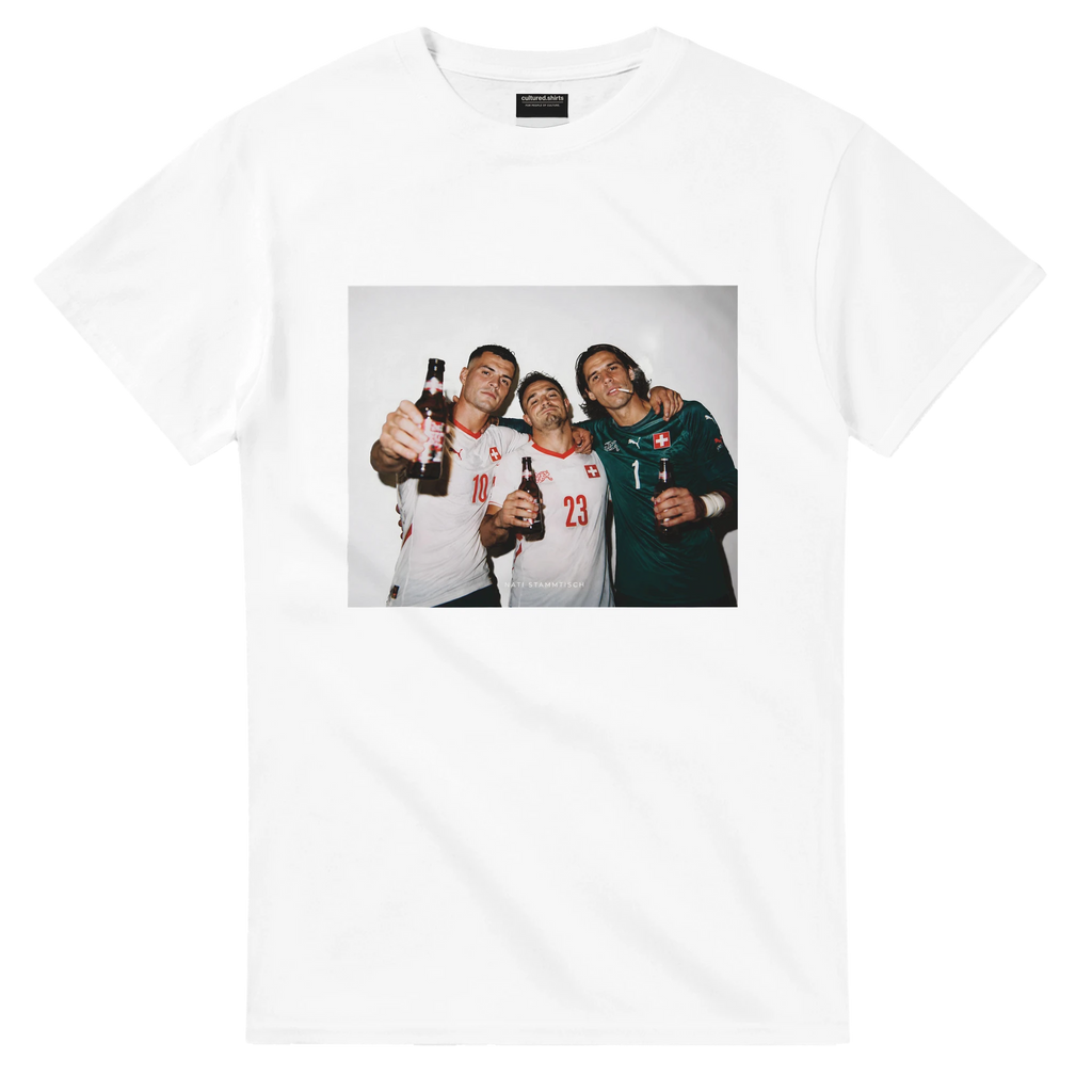 White T-shirt with centered rectangular print of three football players