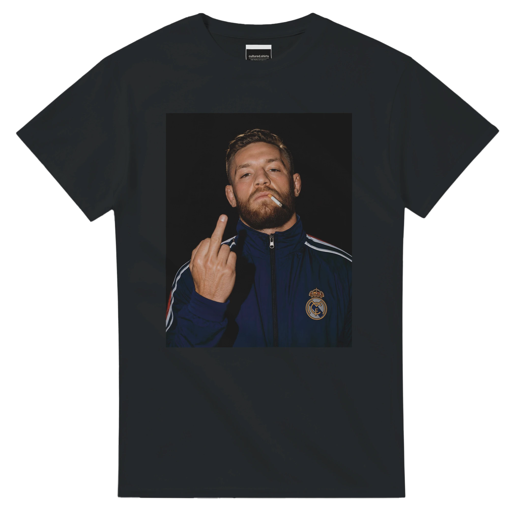 Black T-shirt with centered Conor McGregor portrait graphic, short sleeves