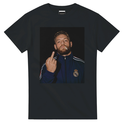 Black T-shirt with centered Conor McGregor portrait graphic, short sleeves