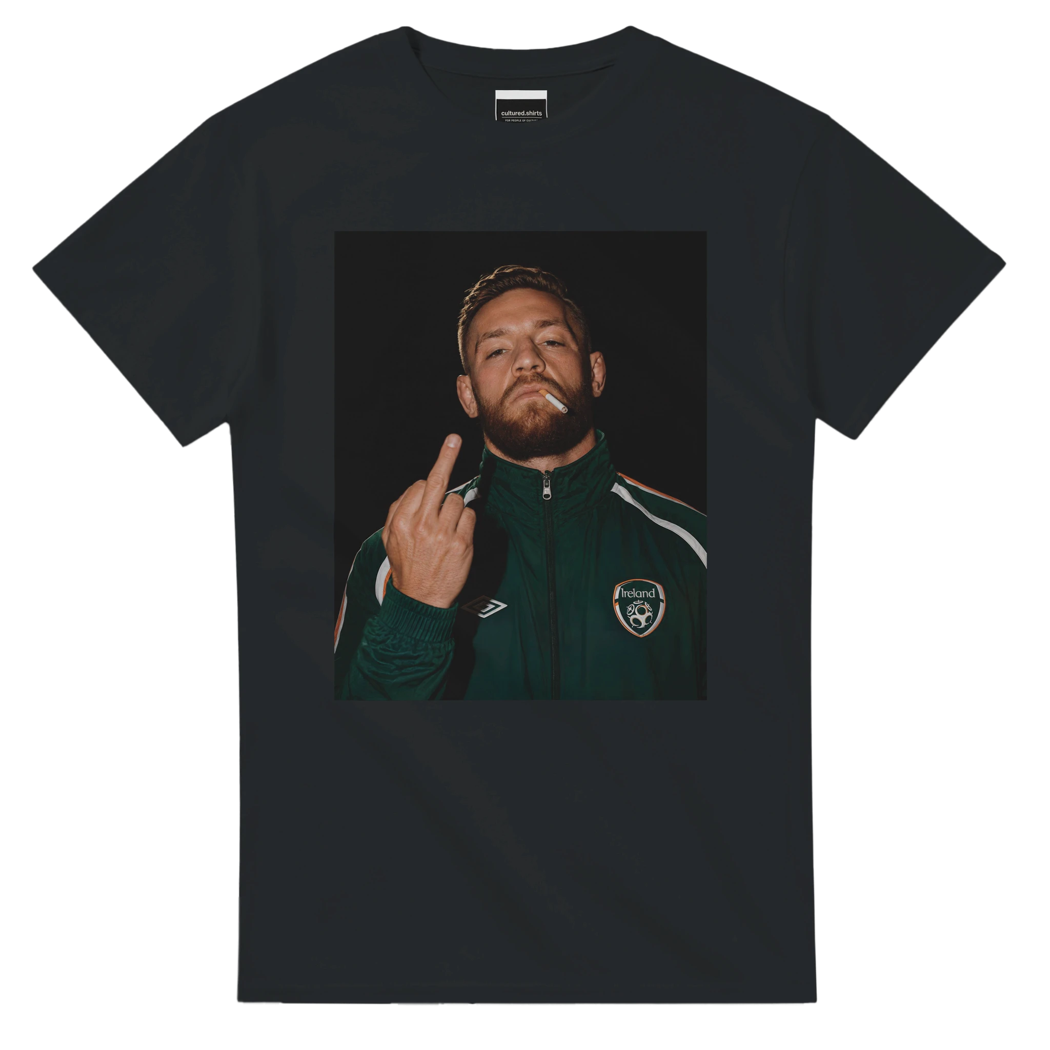 Black crewneck T-shirt with centered portrait graphic of Conor McGregor making a finger gesture