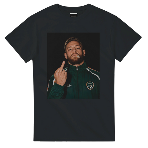 Black crewneck T-shirt with centered portrait graphic of Conor McGregor making a finger gesture