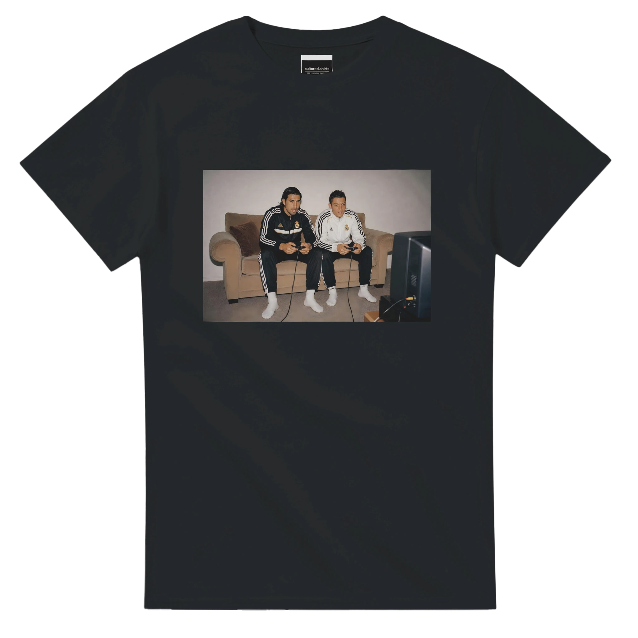 Black T-shirt with front rectangular photo print of two men