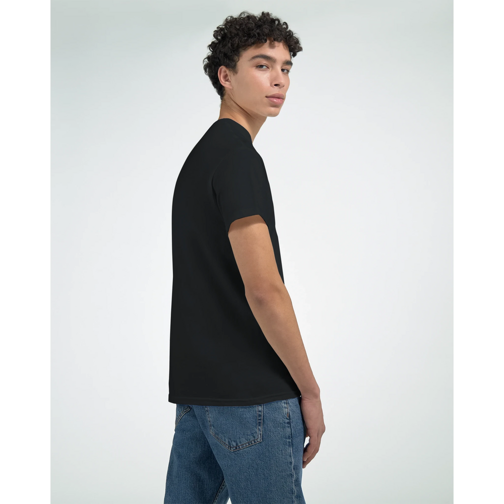 Black short-sleeve T-shirt with front portrait graphic; sunglasses and peace sign