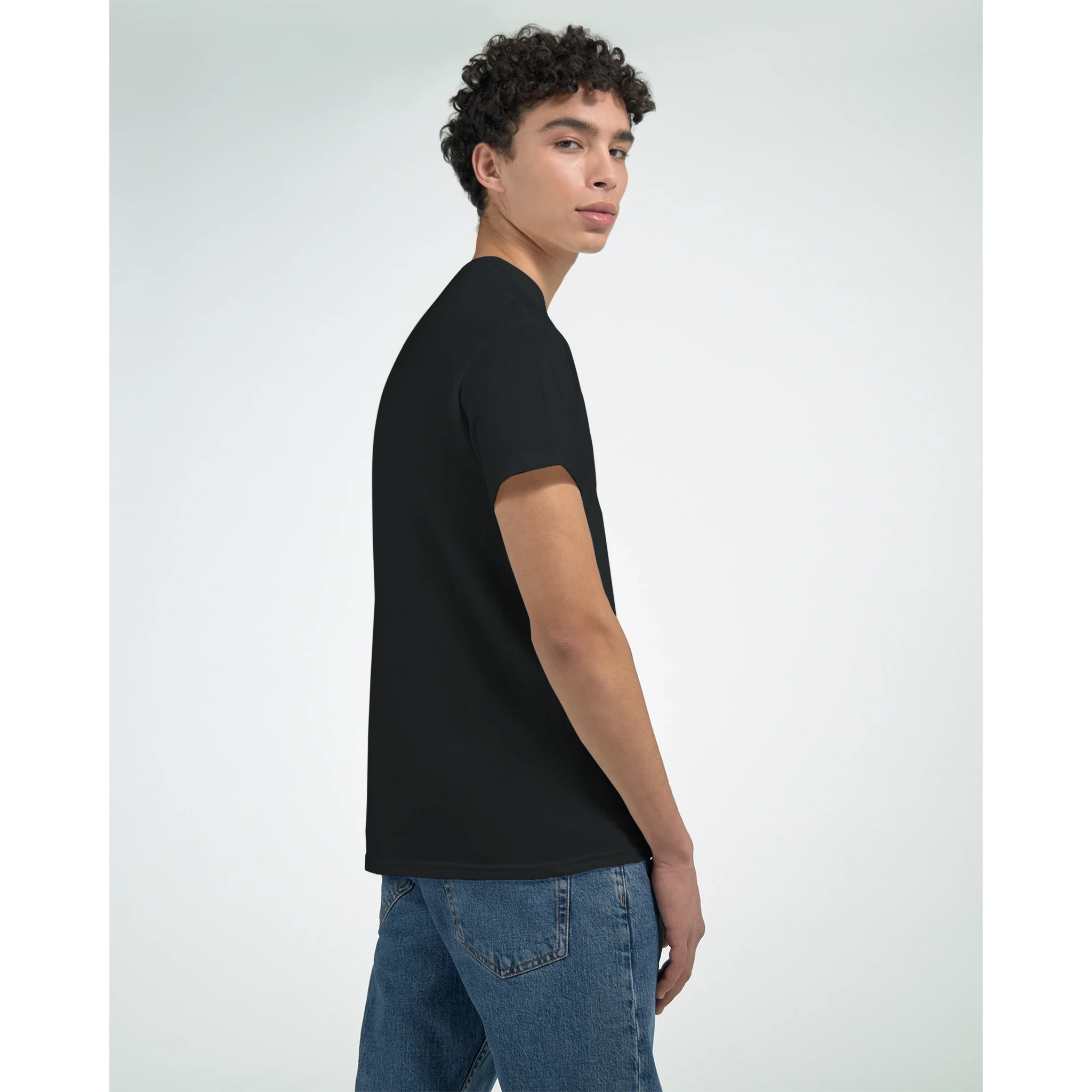 Black short-sleeve T-shirt with front portrait graphic; sunglasses and peace sign
