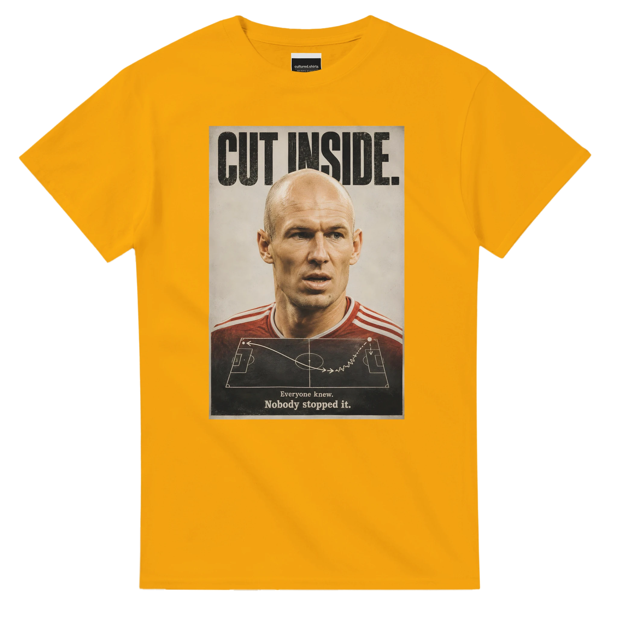 Gold crew-neck T-shirt with large 'CUT INSIDE' portrait graphic on front.