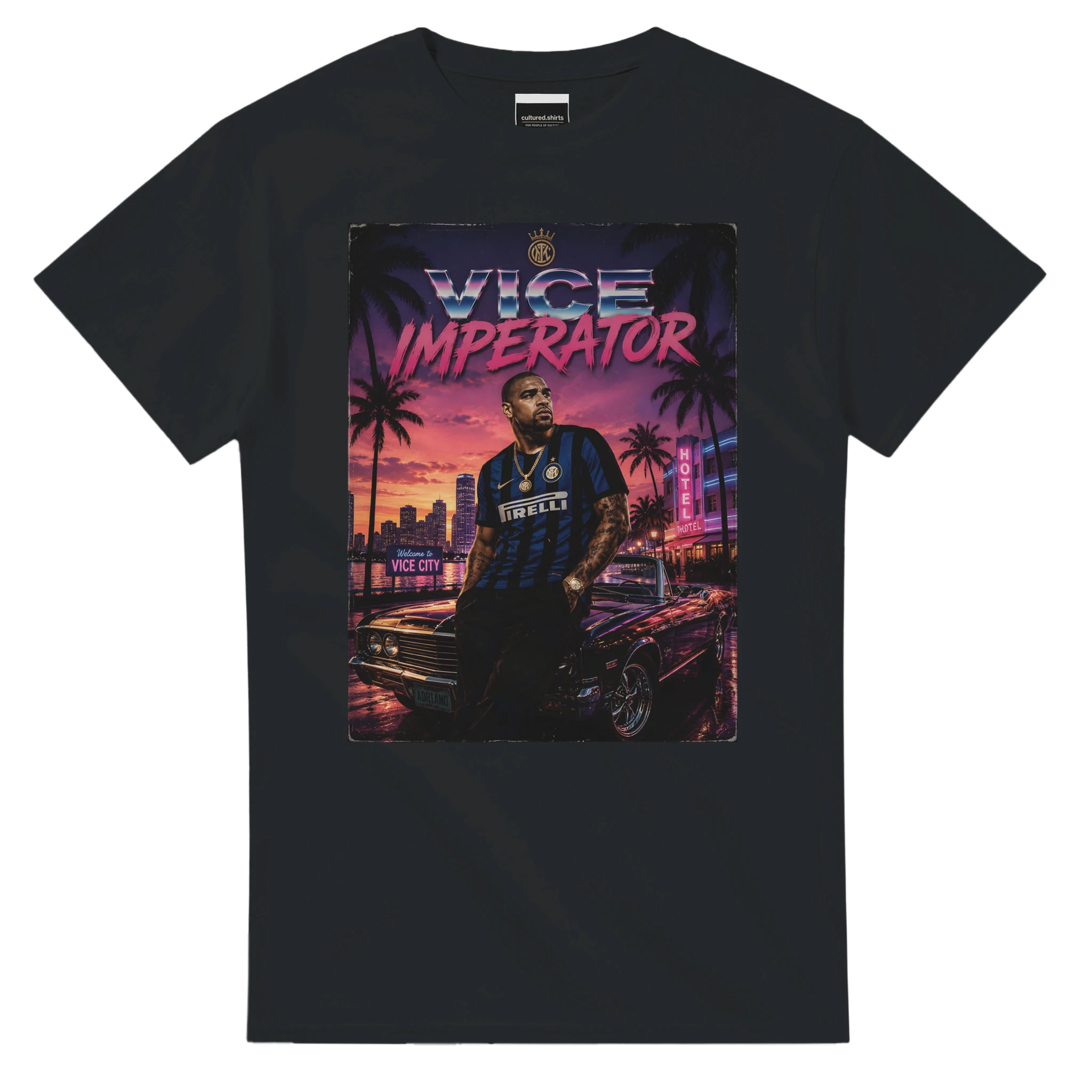 Black crewneck T-shirt with large square street graphic print on chest