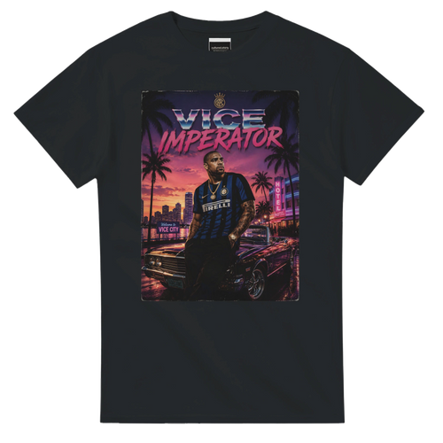 Black crewneck T-shirt with large square street graphic print on chest