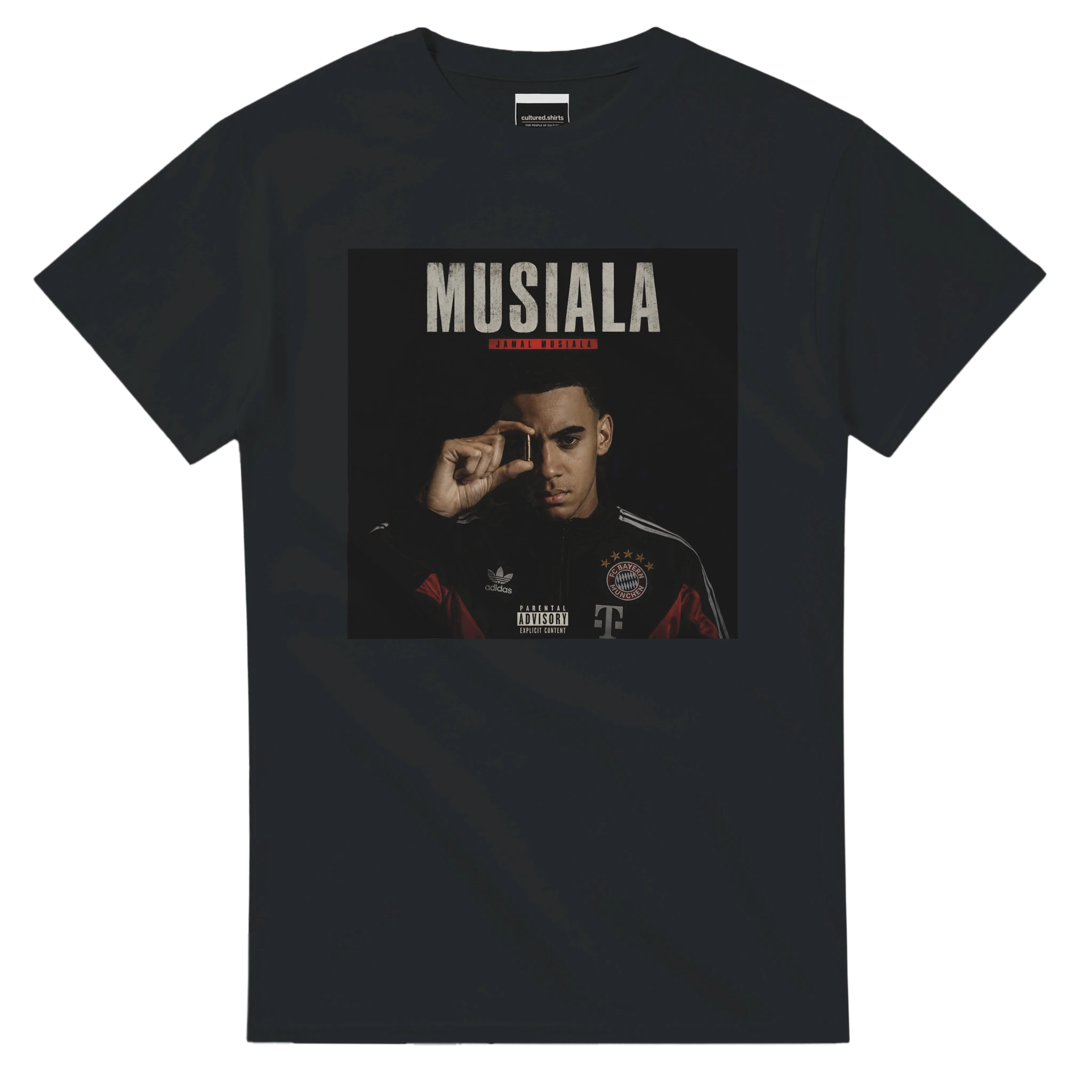 Black crewneck T-shirt with front graphic print of Musiala face and text