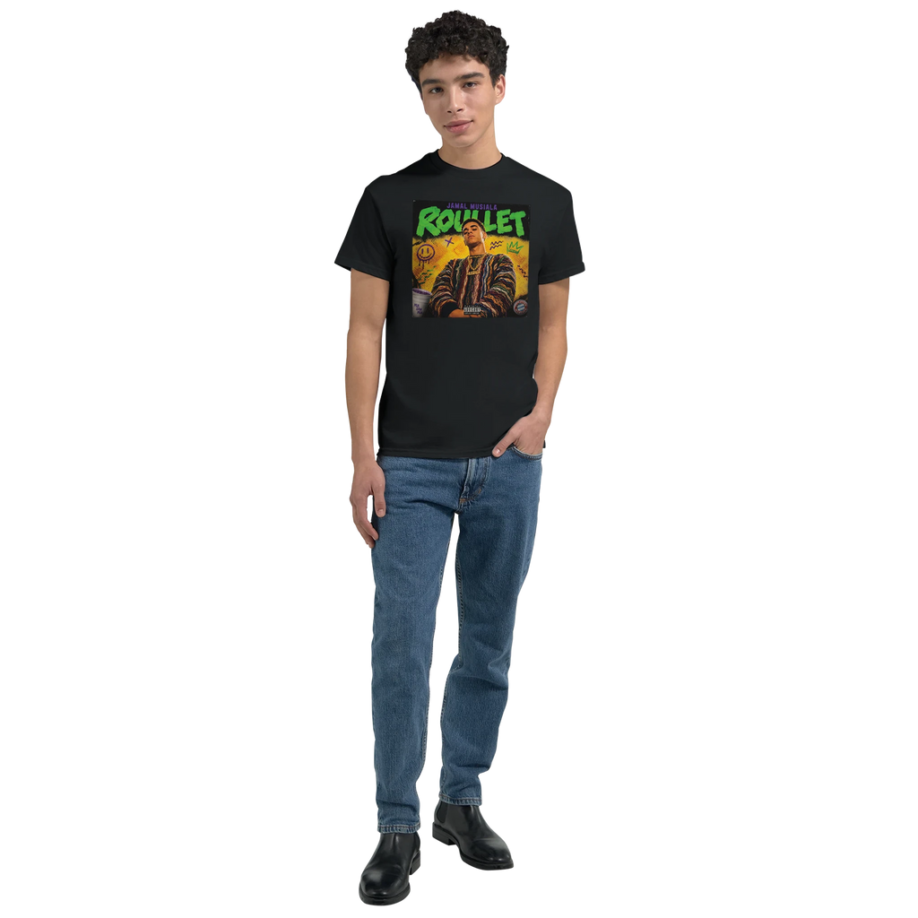 Black crew-neck T-shirt with front “ROULET” graphic, worn by model with jeans