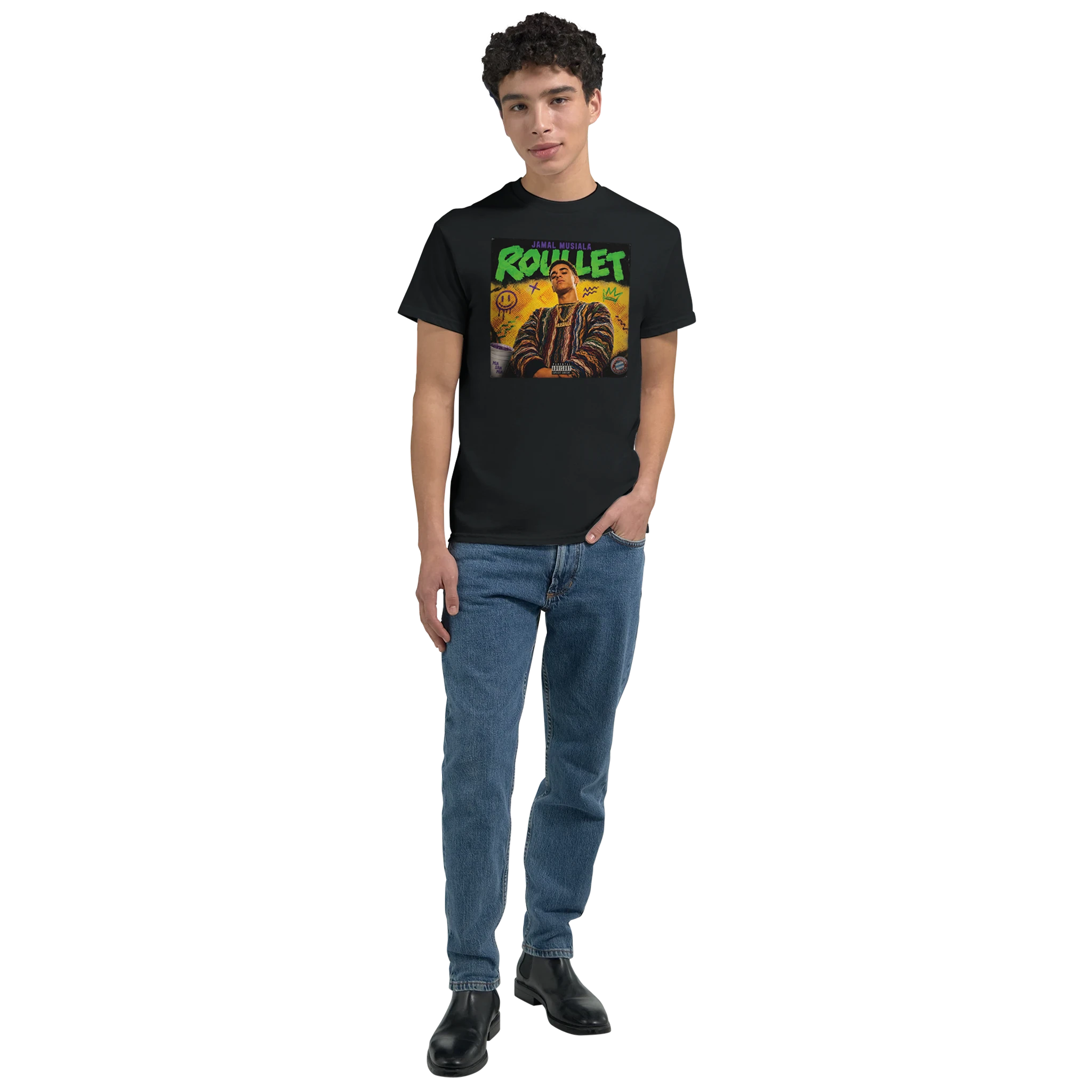 Black crew-neck T-shirt with front “ROULET” graphic, worn by model with jeans