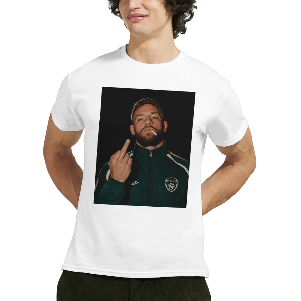 White crewneck T-shirt with centered portrait graphic of Conor McGregor making a finger pose