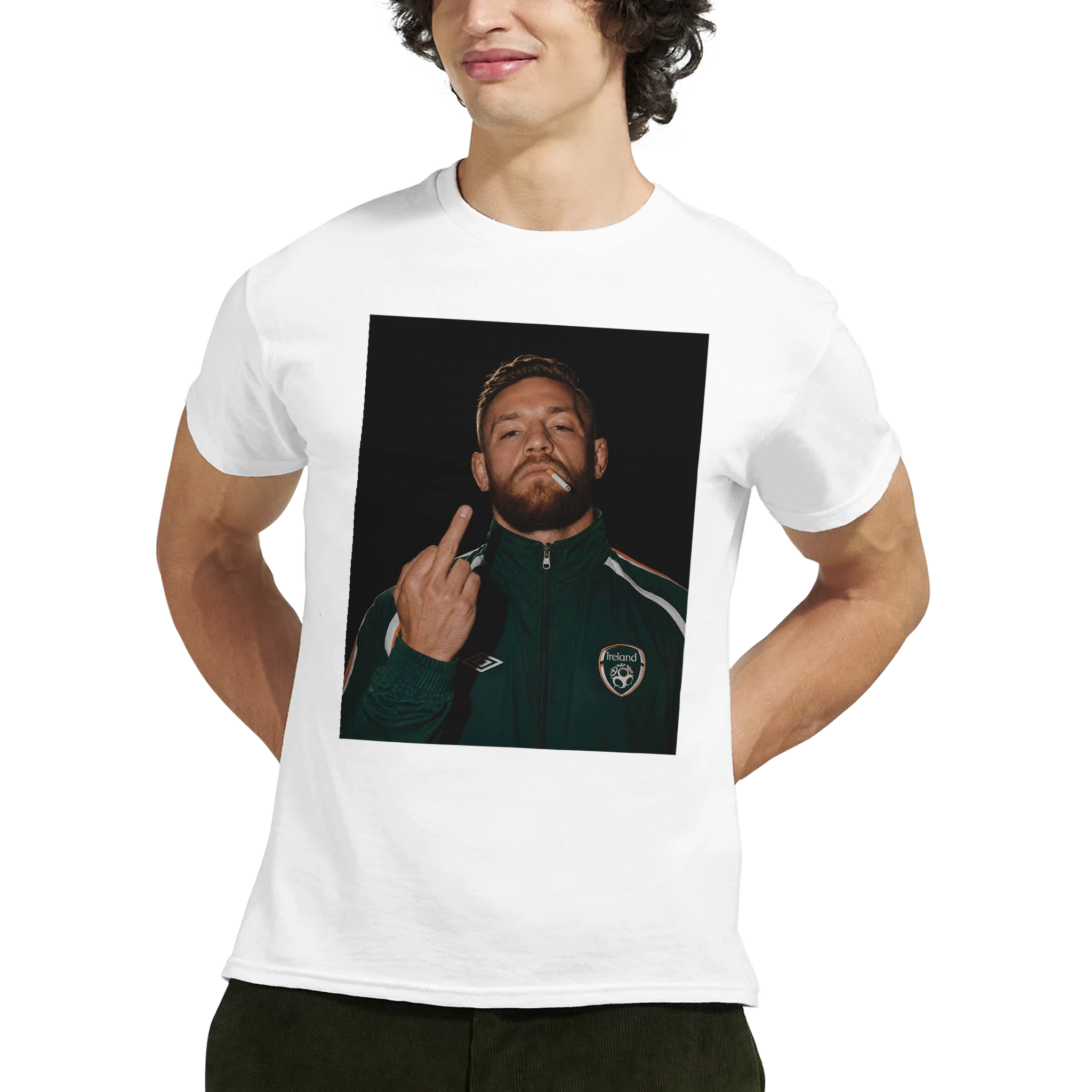 White crewneck T-shirt with centered portrait graphic of Conor McGregor making a finger pose