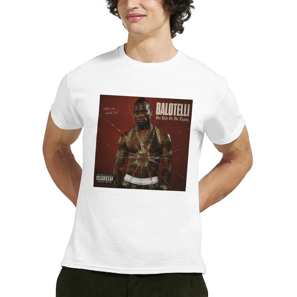 White graphic T-shirt worn by model with Balotelli portrait front print