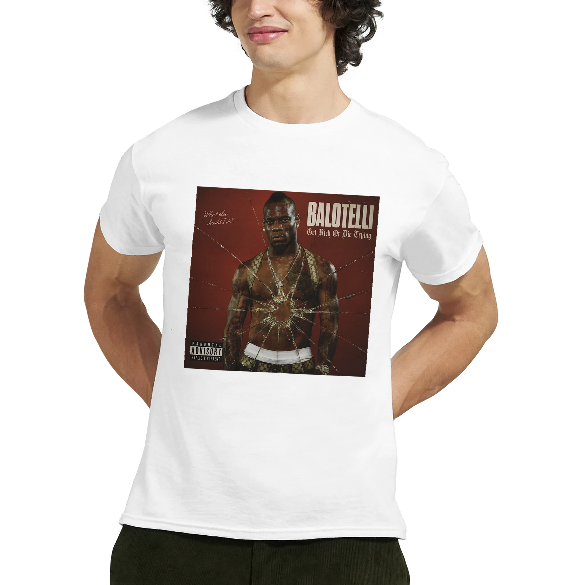 White graphic T-shirt worn by model with Balotelli portrait front print