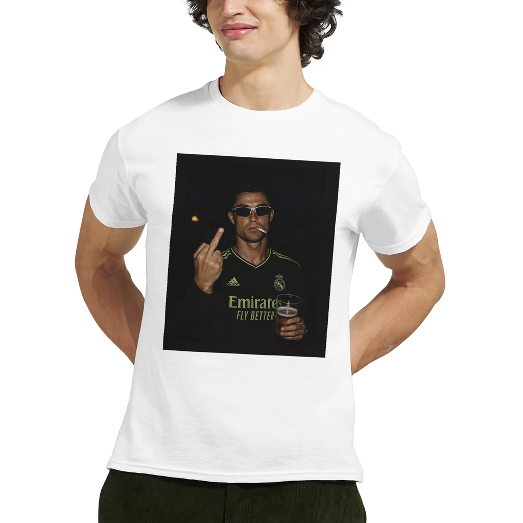 White crew-neck T-shirt worn by model with square portrait graphic on front