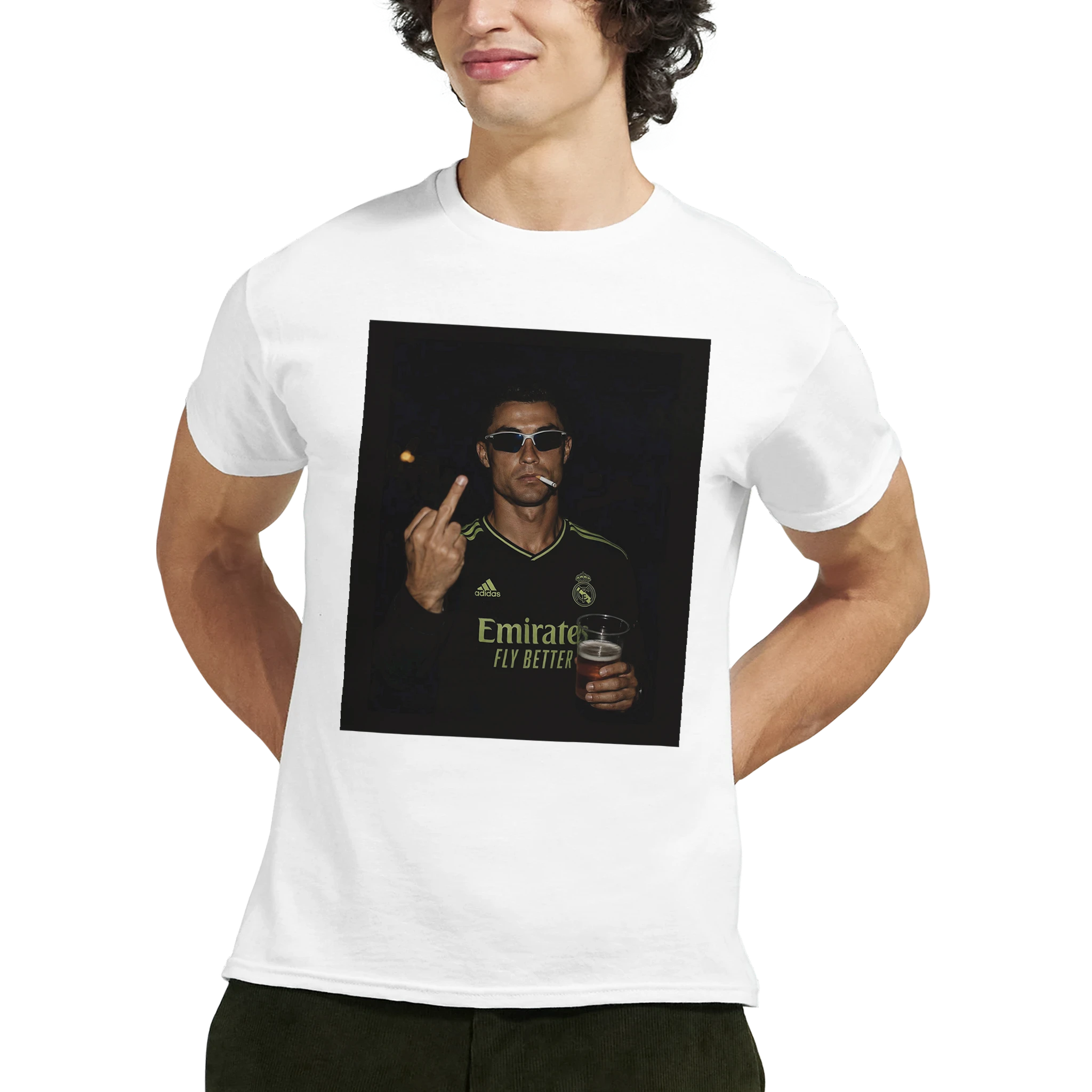 White crew-neck T-shirt worn by model with square portrait graphic on front