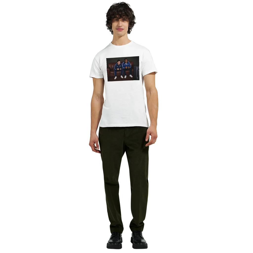 White crew-neck T-shirt with rectangular player graphic, worn by model