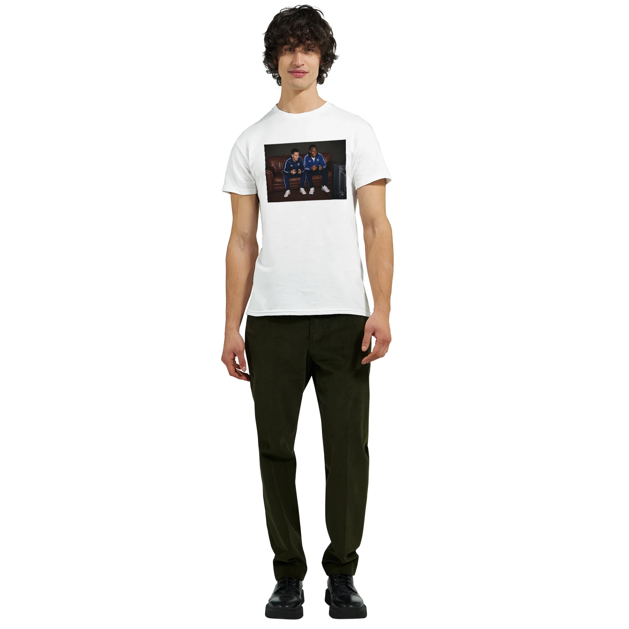 White crew-neck T-shirt with rectangular player graphic, worn by model