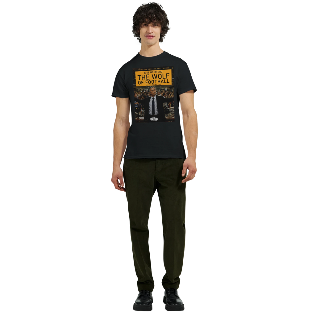 Black T-shirt with front 'THE WOLF OF FOOTBALL' print, crew neck, short sleeves