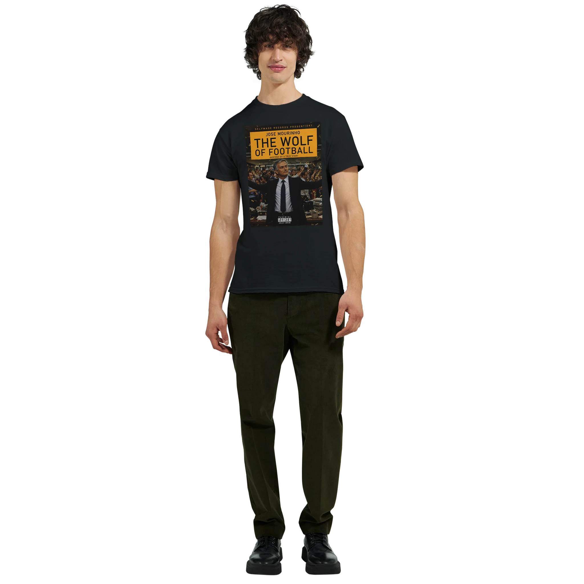 Black T-shirt with front 'THE WOLF OF FOOTBALL' print, crew neck, short sleeves