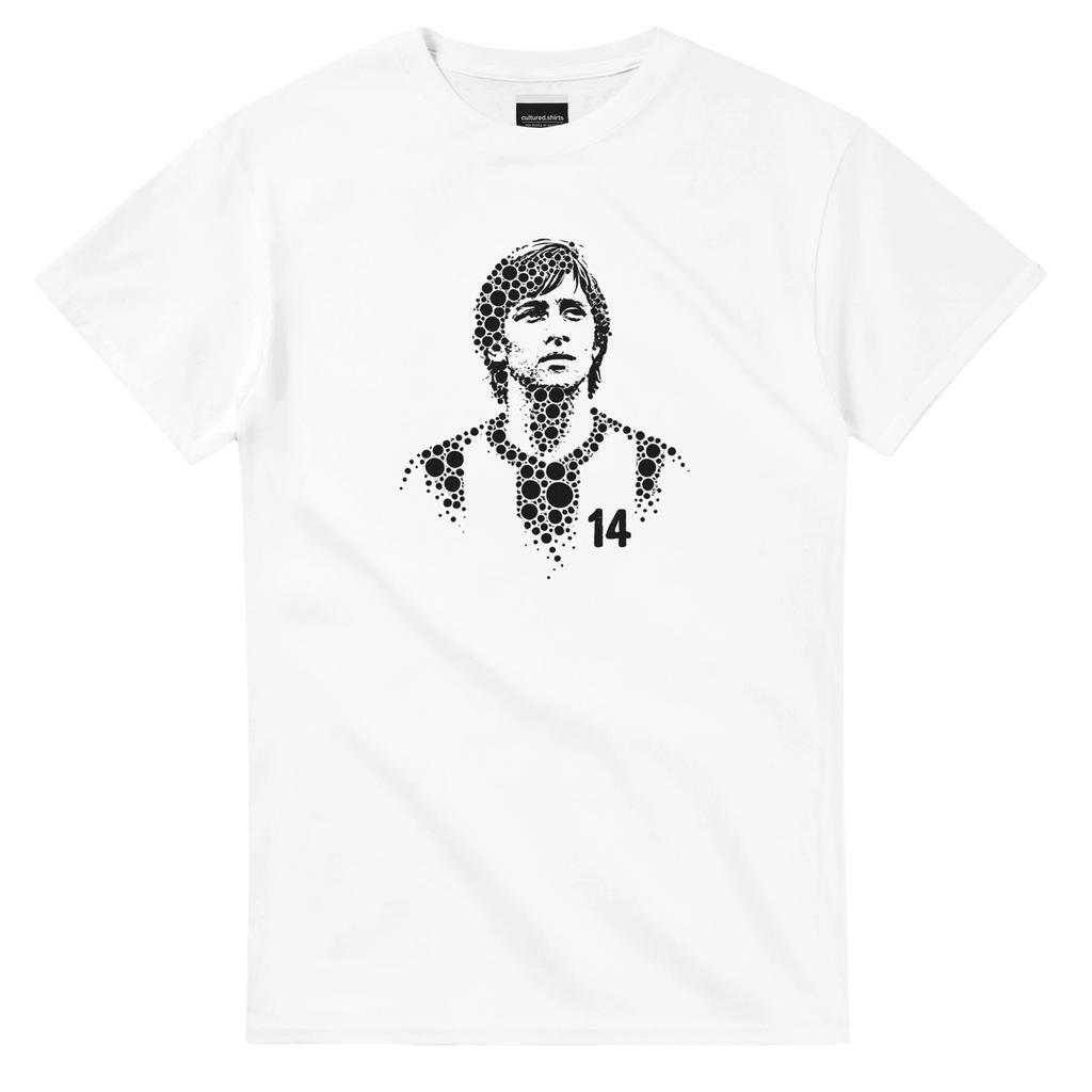 Johan Cruyff T-shirt, white with black portrait and number 14 graphic