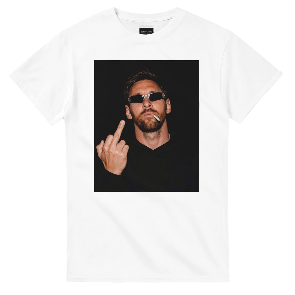 White graphic t-shirt with portrait of man in sunglasses making a peace sign.