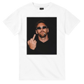 White graphic t-shirt with portrait of man in sunglasses making a peace sign.