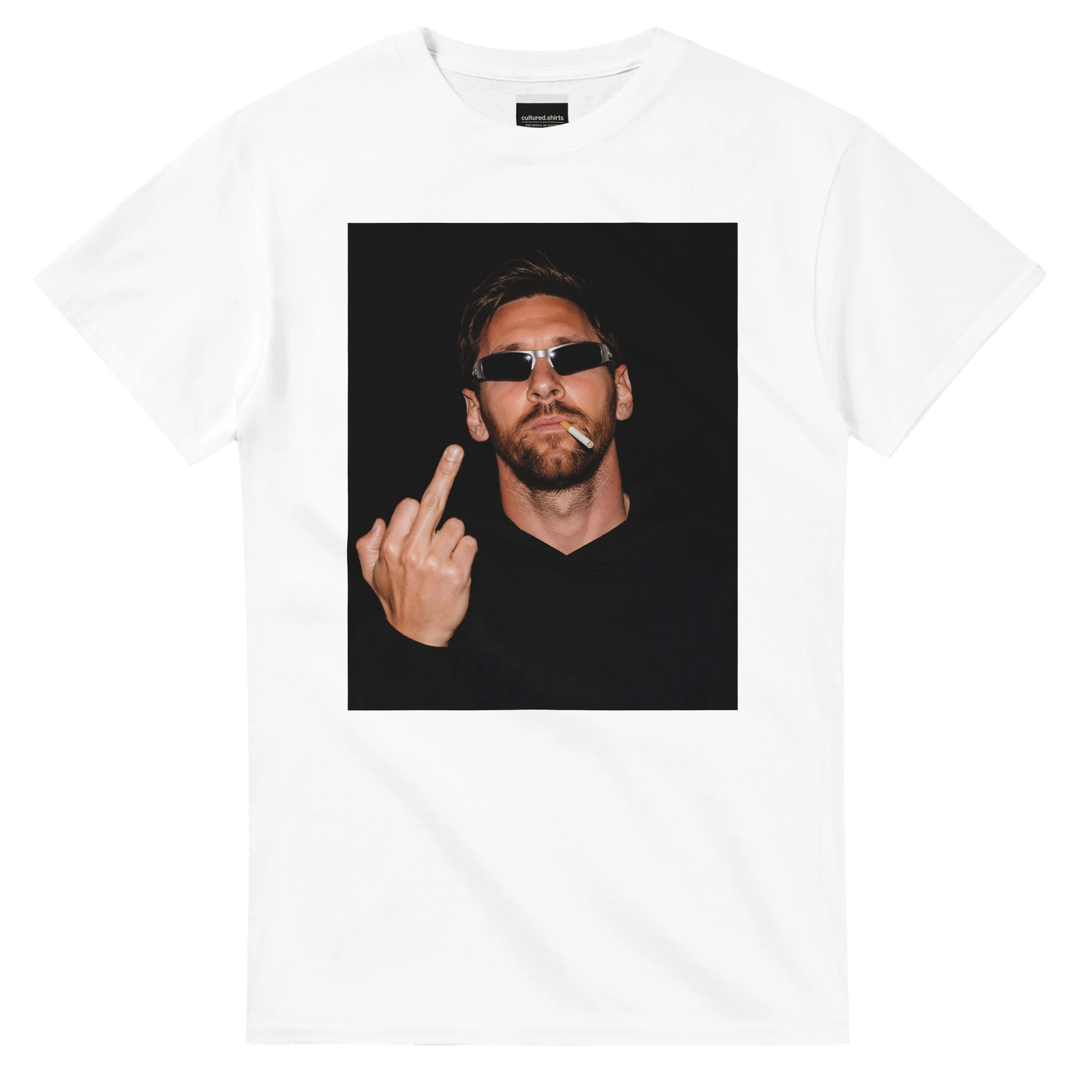 White graphic t-shirt with portrait of man in sunglasses making a peace sign.