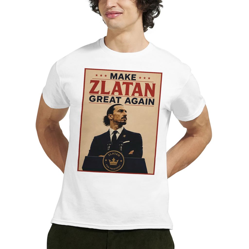 White T-shirt with “MAKE ZLATAN GREAT AGAIN” front graphic featuring Zlatan portrait