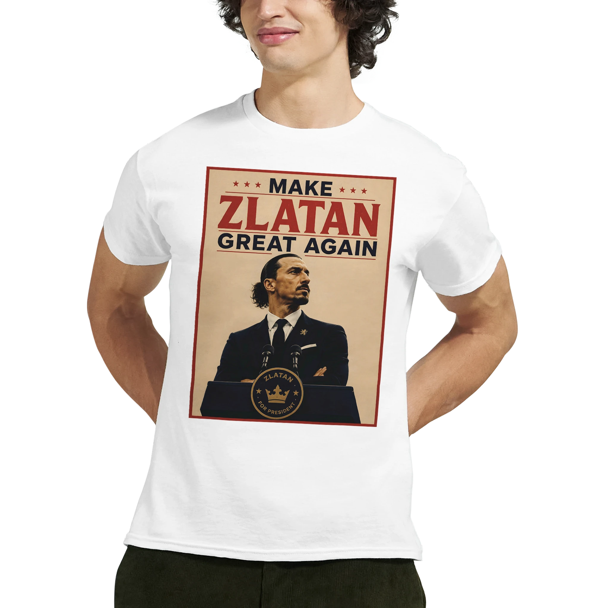 White T-shirt with “MAKE ZLATAN GREAT AGAIN” front graphic featuring Zlatan portrait