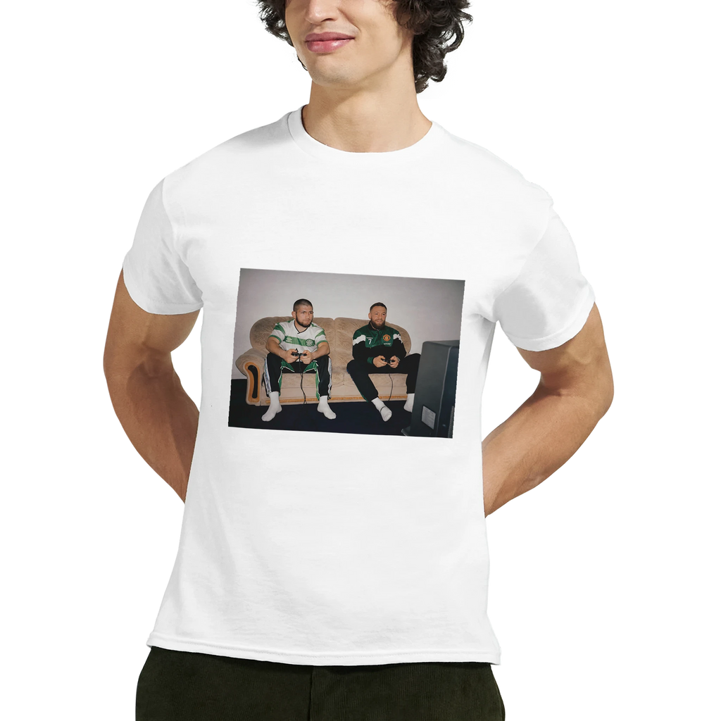 White T-shirt on model, rectangular front graphic with two men seated.