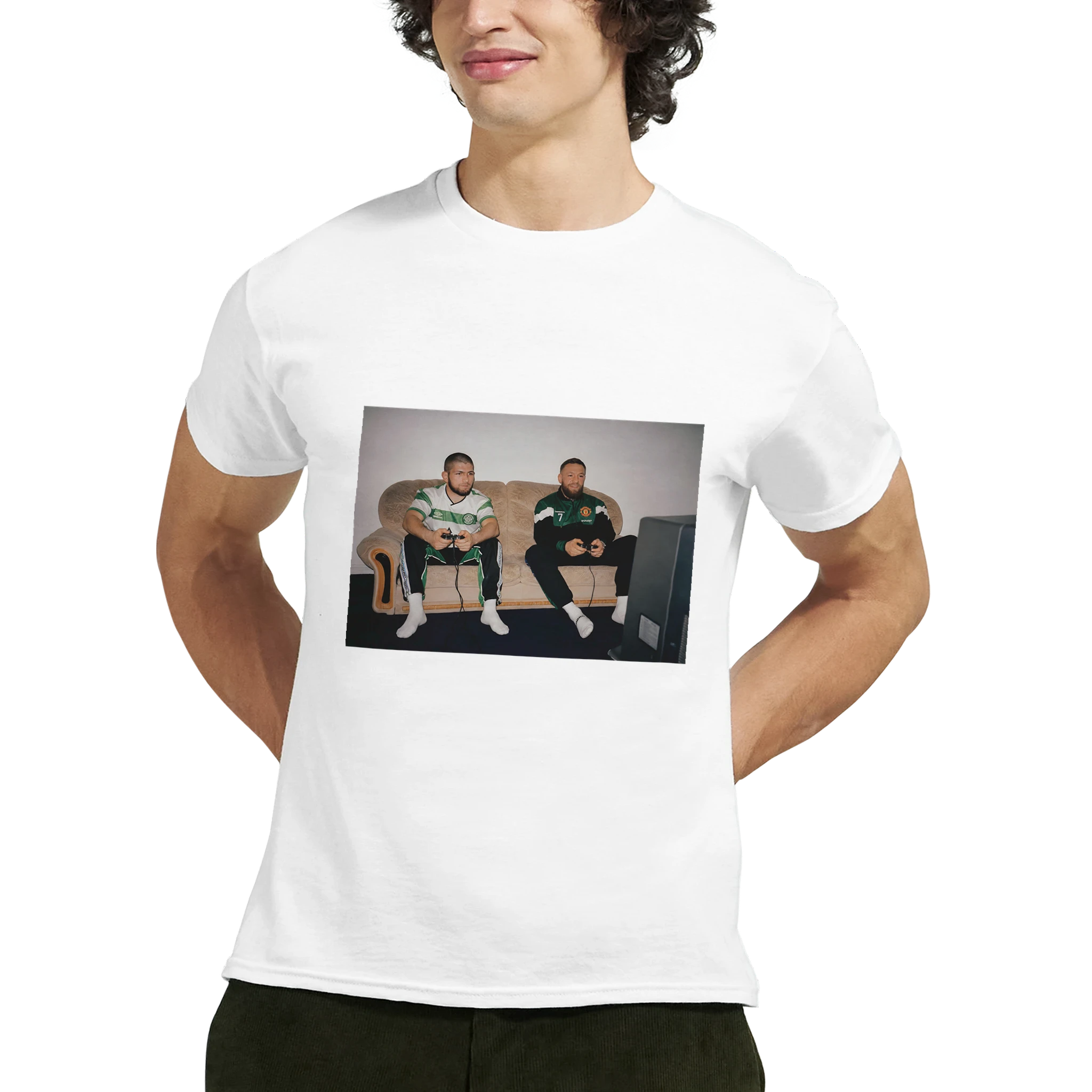 White T-shirt on model, rectangular front graphic with two men seated.