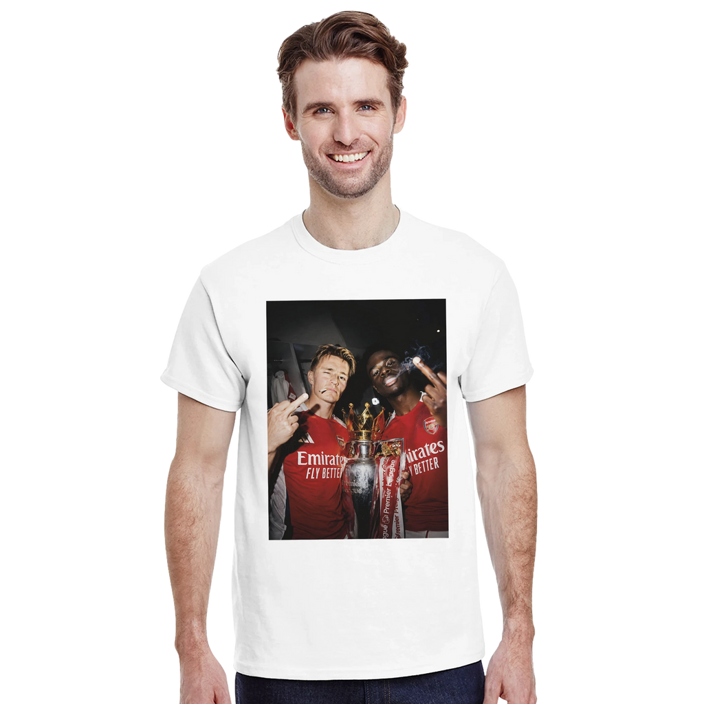 White T-shirt with front square photo graphic and trophy print, worn by model