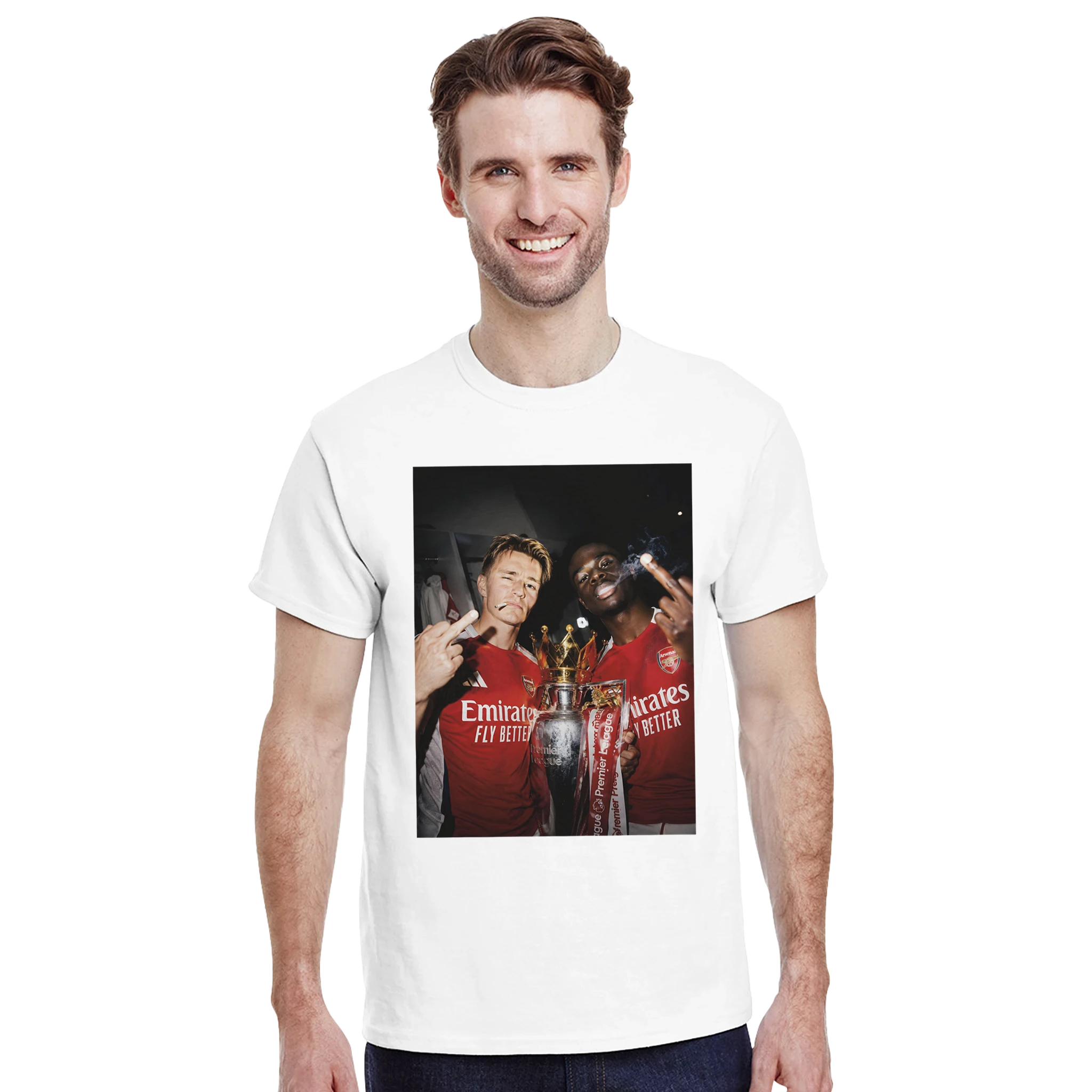 White T-shirt with front square photo graphic and trophy print, worn by model