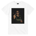 White crew-neck T-shirt with square portrait graphic and gold lettering