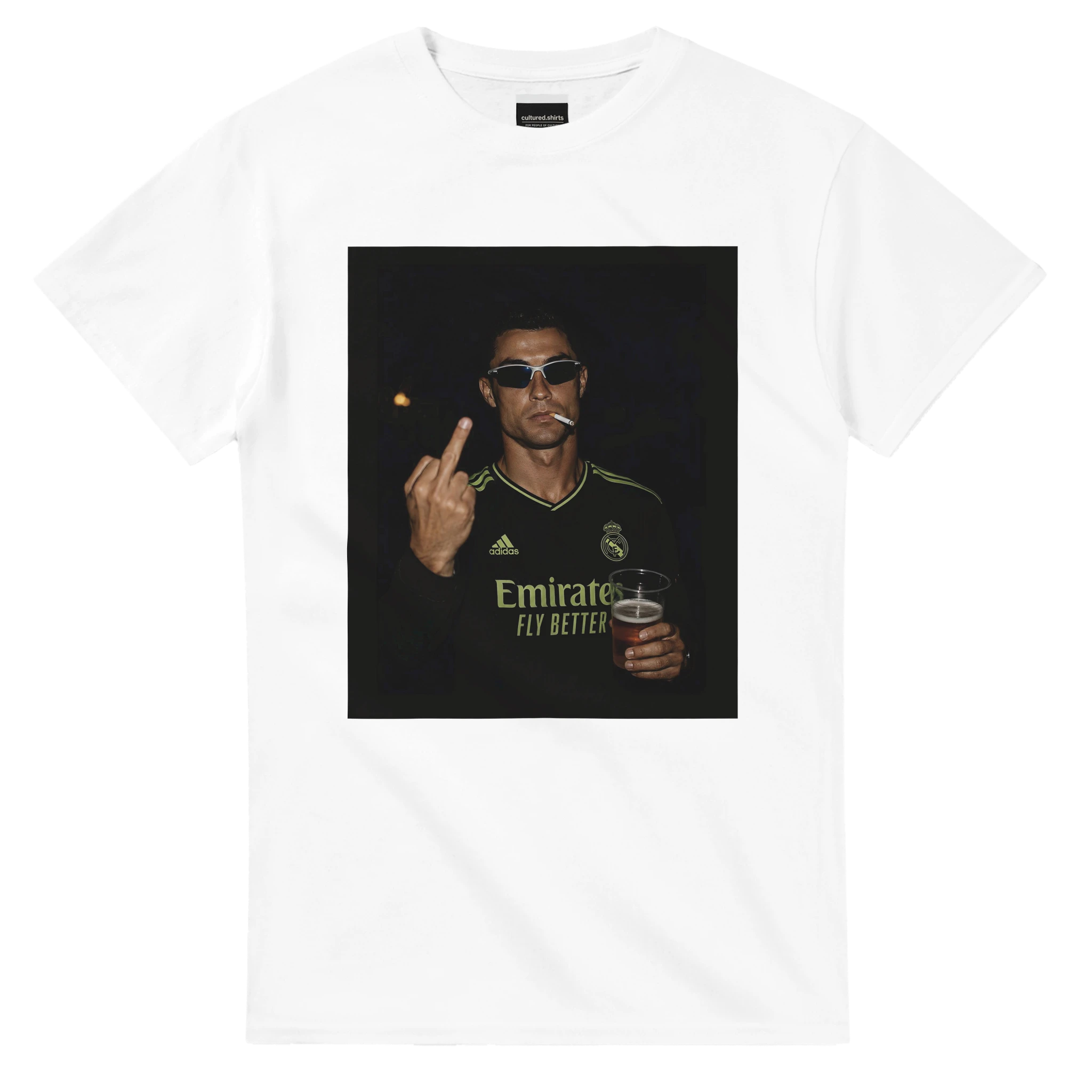 White crew-neck T-shirt with square portrait graphic and gold lettering
